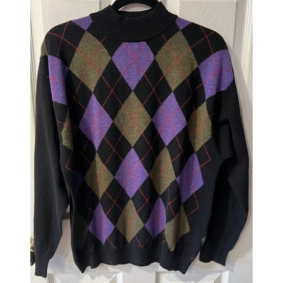SISLEY Sweater Mens XL Argyle Diamond Relaxed Elegance Mock Neck Golf Italy Vtg - Picture 7 of 7